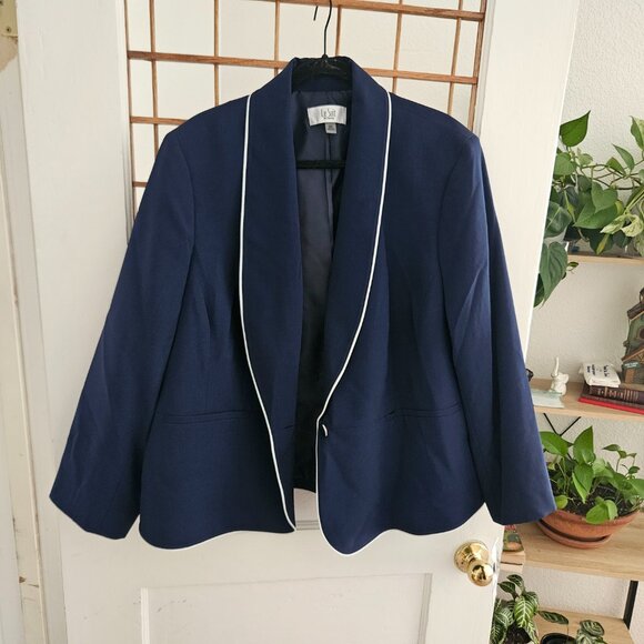 NWT Le Suit Plus Size Shawl-Collar Skirt Suit - Indigo + Vanilla Ice Navy Blue - Picture 9 of 11